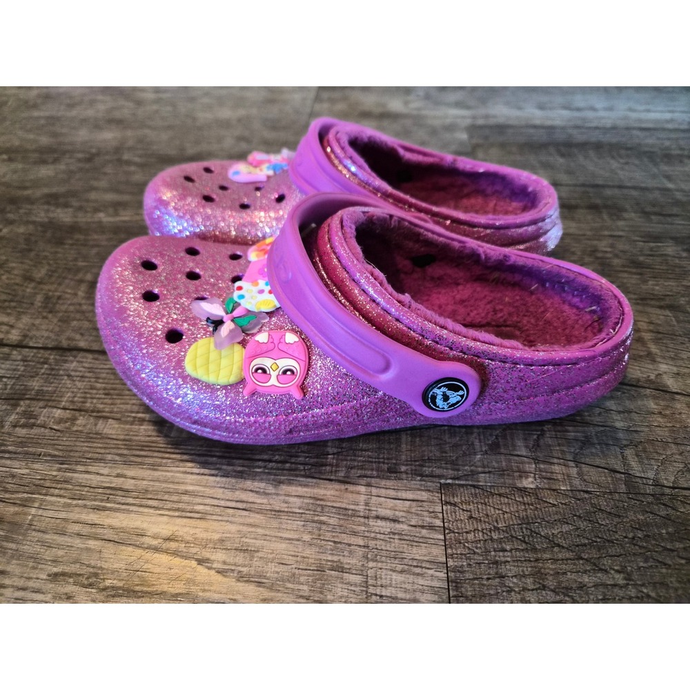 Crocs Kids Classic Lined Glitter Clogs Pink Sparkle Shoes with Jibbitz Size J2
